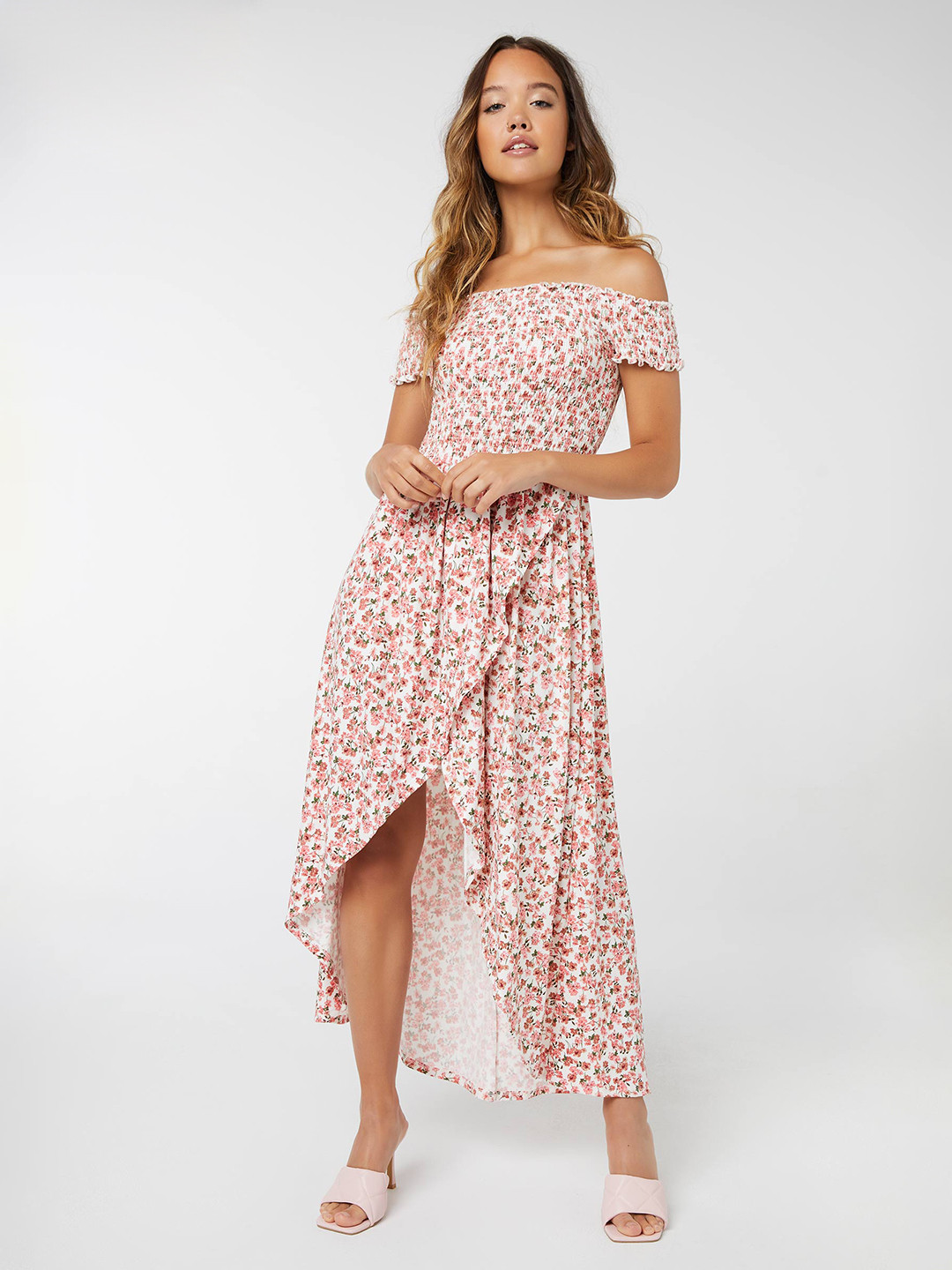 

Ardene Floral Printed Smocked Fit and Flare High Low Dress, Pink