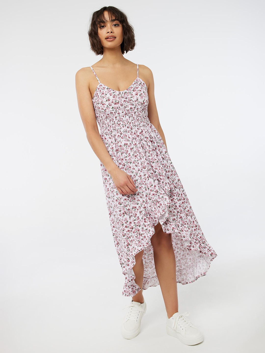 

Ardene Floral Printed Smocked Fit and Flare High Low Dress, White