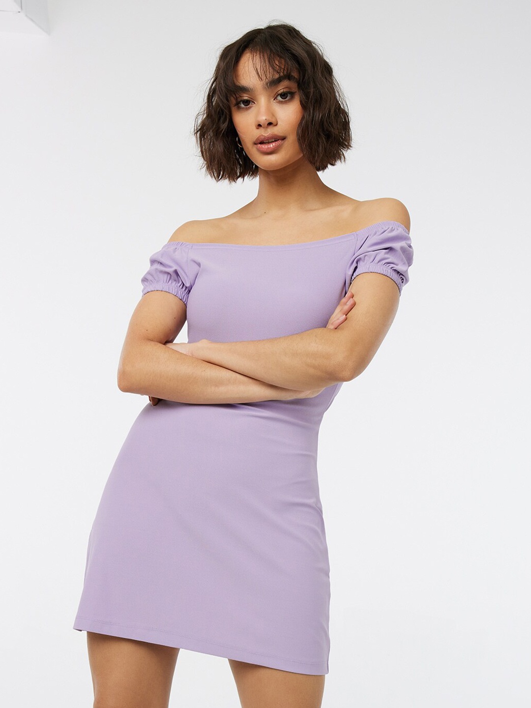 

Ardene Off-Shoulder Puffed Sleeves Sheath Mini Dress, Purple