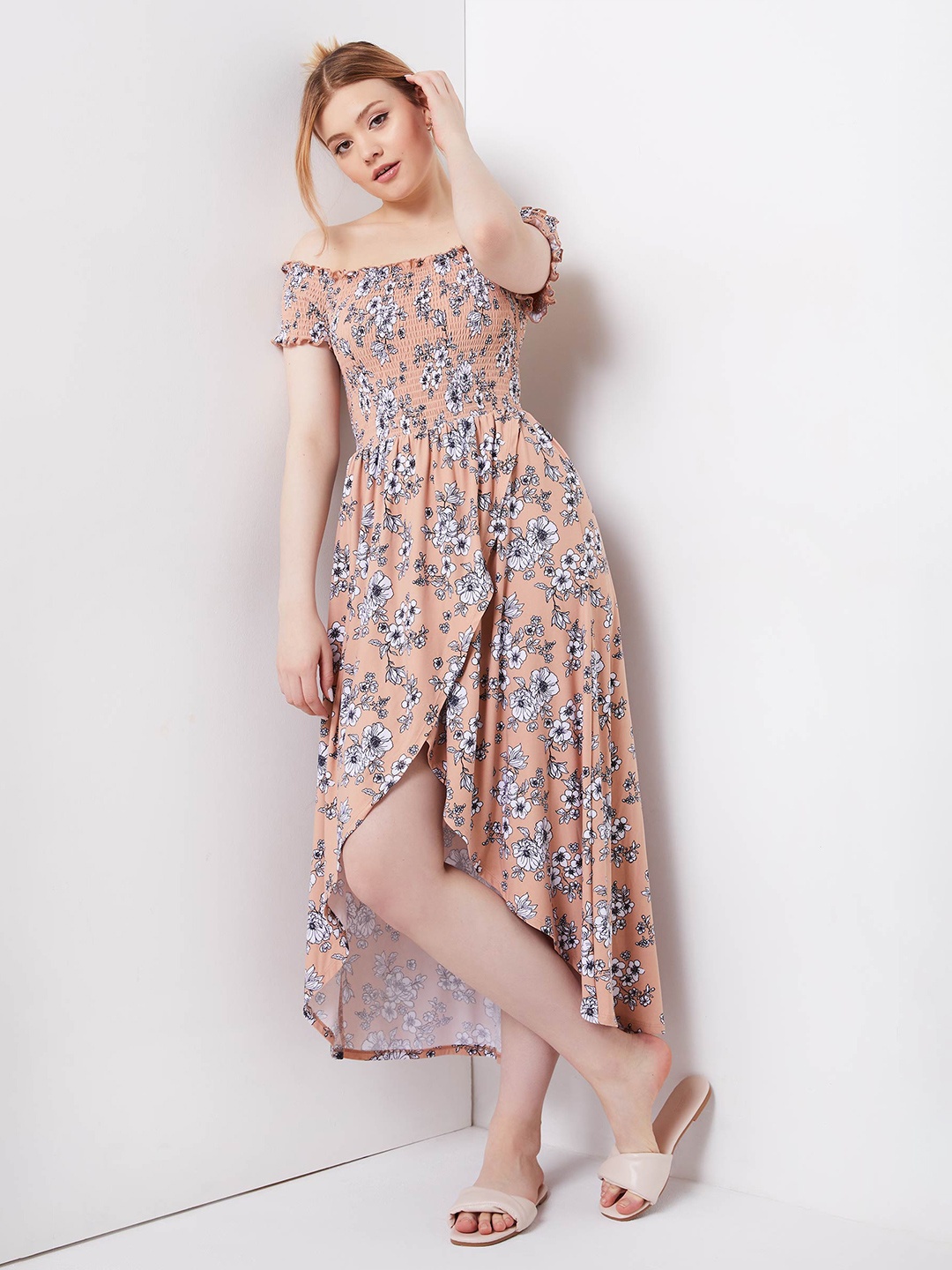 

Ardene Floral Printed Off-Shoulder Fit & Flare Midi High-Low Dress, Peach