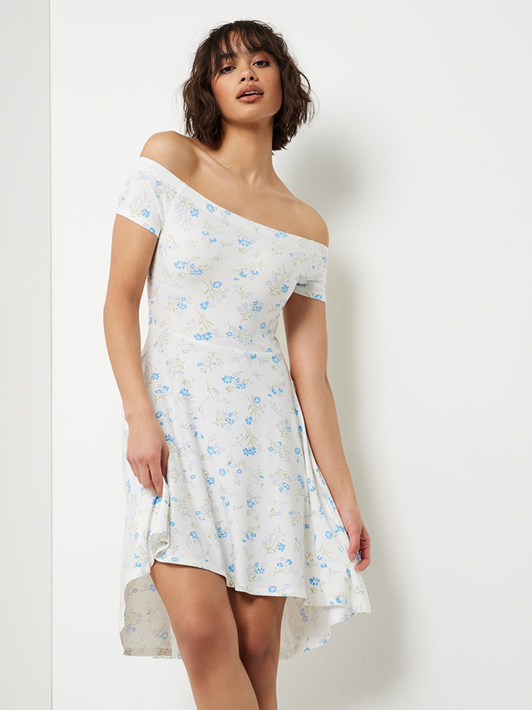 

Ardene Floral Printed Off-Shoulder Fit and Flare Mini Dress, White