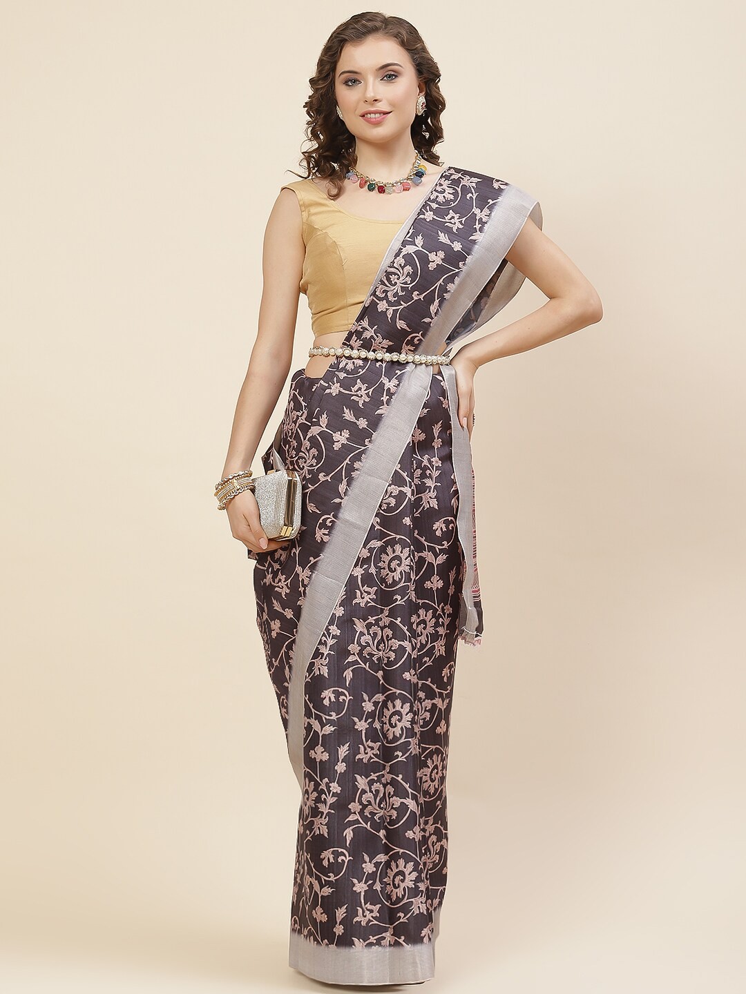 

Meena Bazaar Floral Printed Zari Tussar Saree, Black