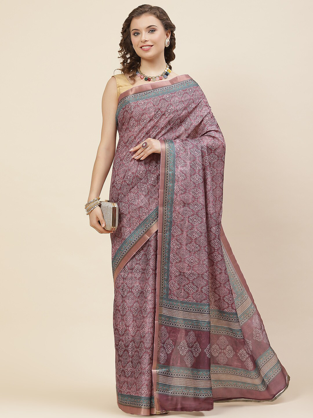 

Meena Bazaar Ethnic Motifs Printed Zari Art Silk Tussar Saree, Purple