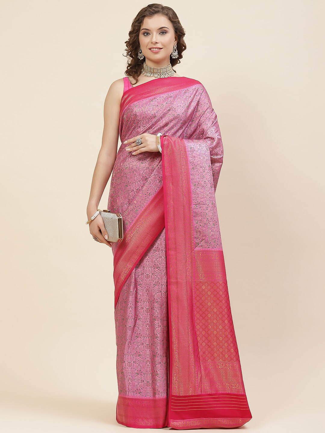 

Meena Bazaar Pink & Gold-Toned Paisley Zari Art Silk Banarasi Saree