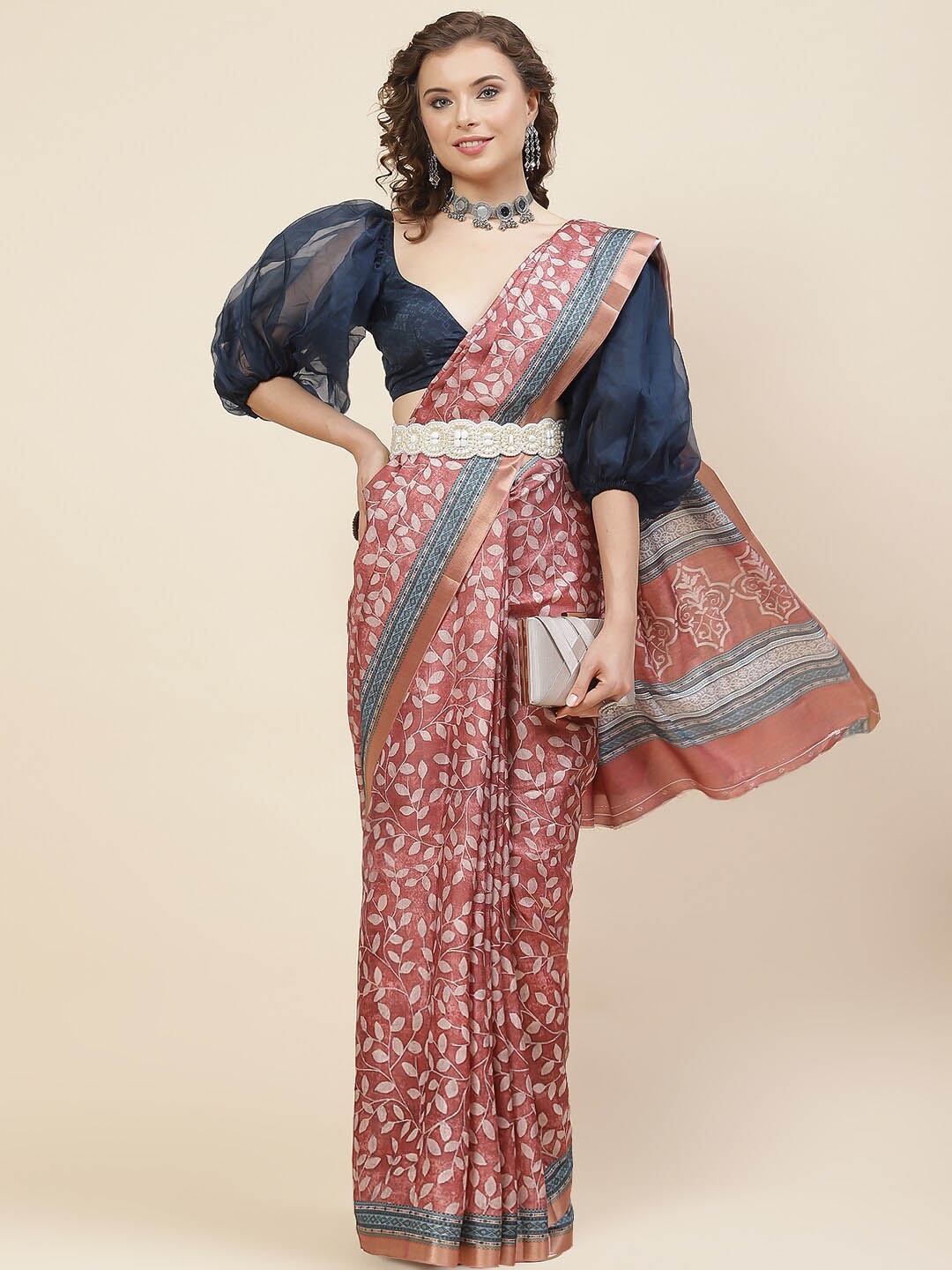 

Meena Bazaar Rust & Blue Floral Printed Zari Tussar Saree