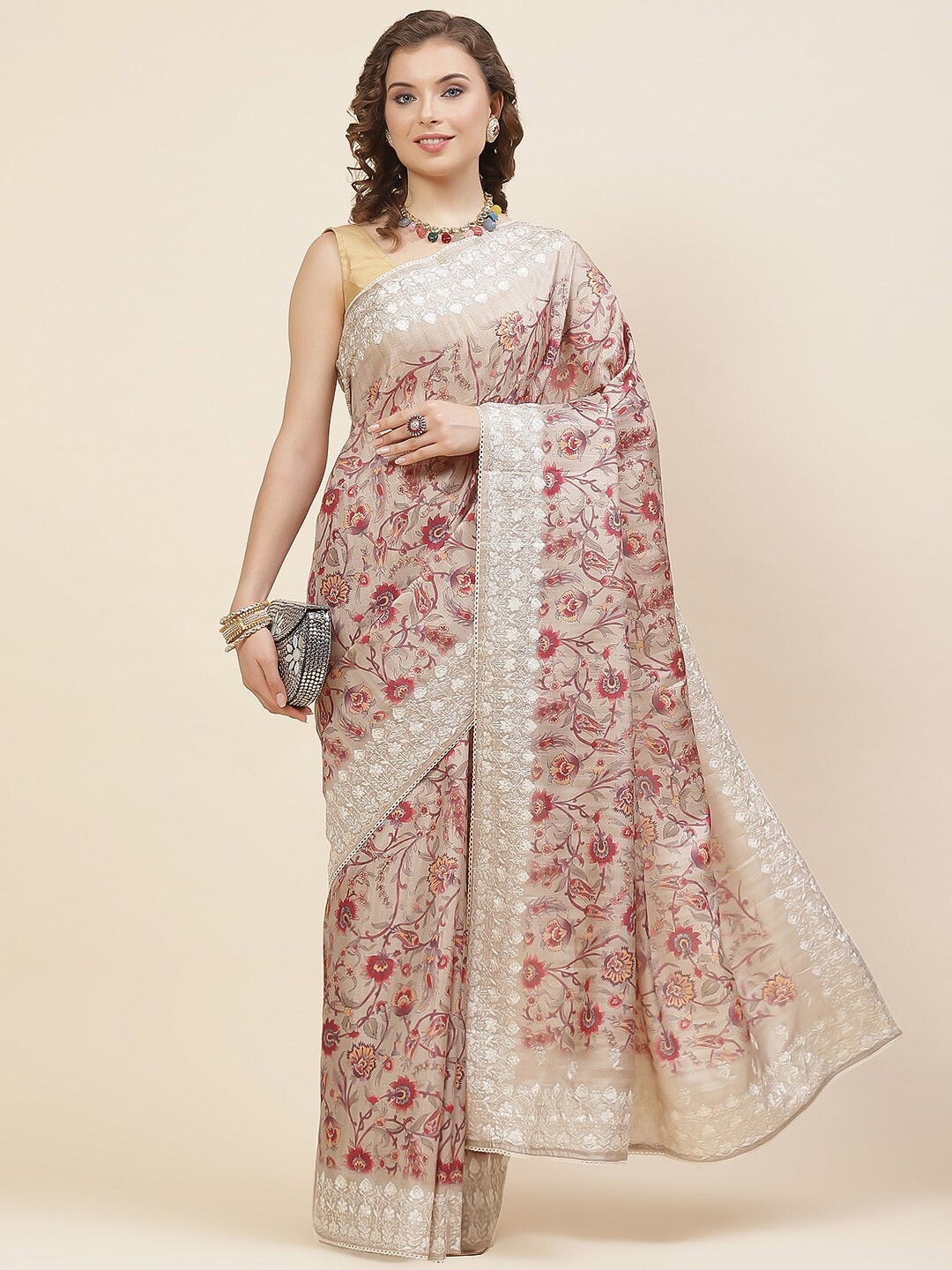 

Meena Bazaar Floral Printed Tussar Saree, Beige