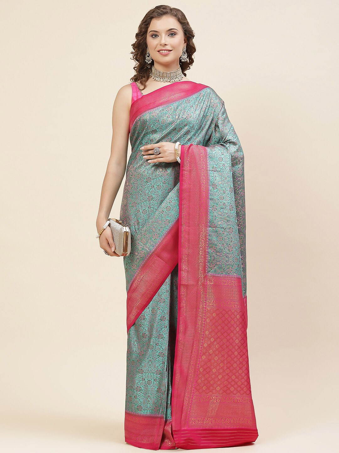 

Meena Bazaar Sea Green & Red Woven Design Zari Art Silk Banarasi Saree