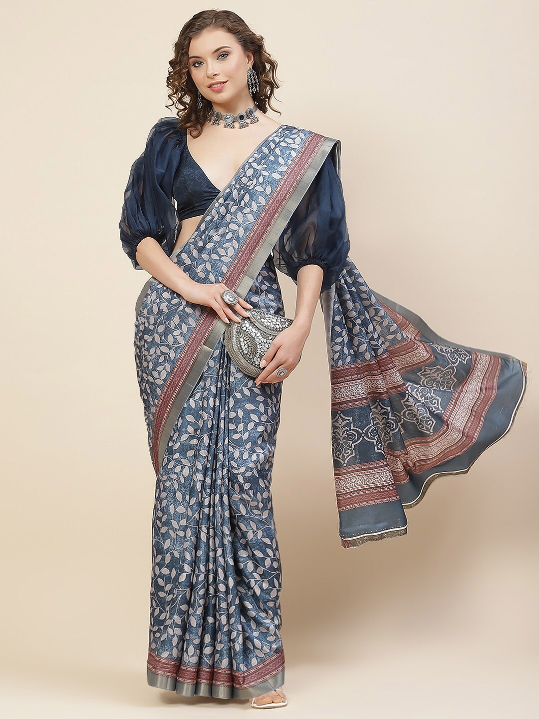 

Meena Bazaar Blue & White Floral Zari Art Silk Tussar Saree