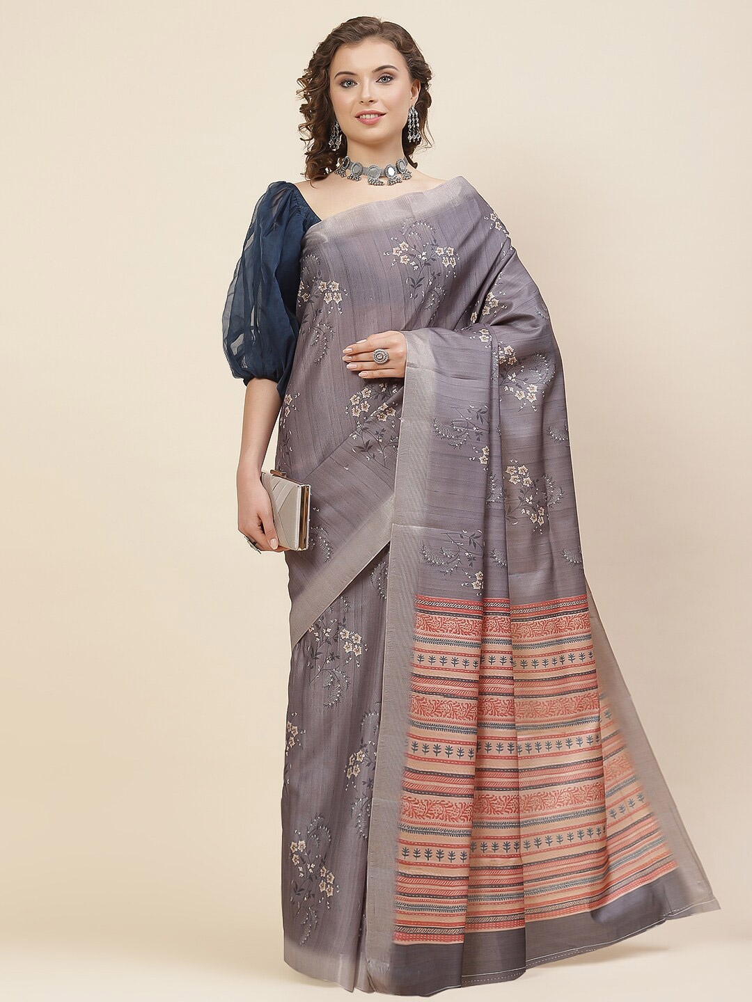 

Meena Bazaar Floral Printed Zari Tussar Saree, Grey