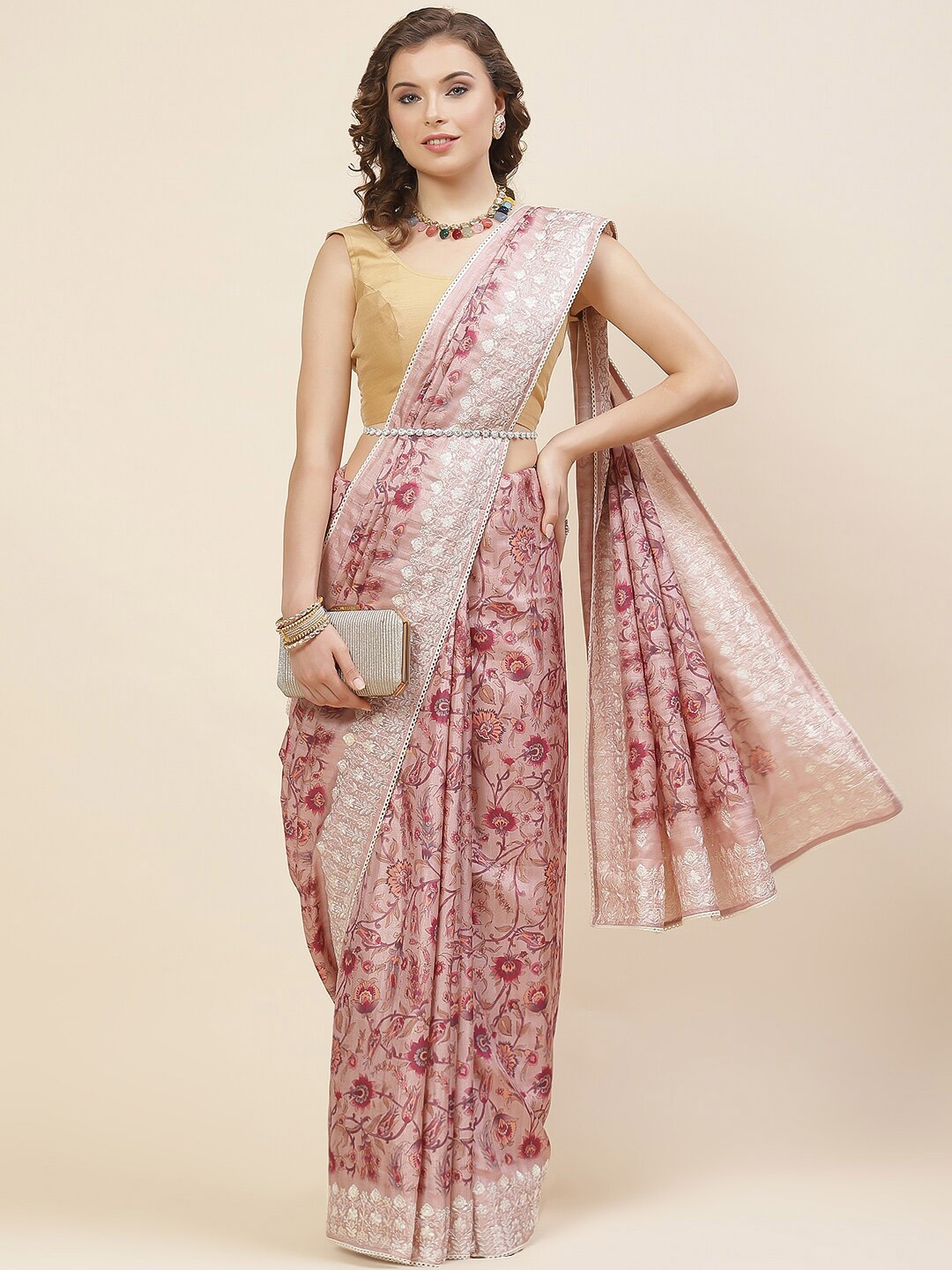 

Meena Bazaar Floral Printed Art Silk Tussar Saree, Peach