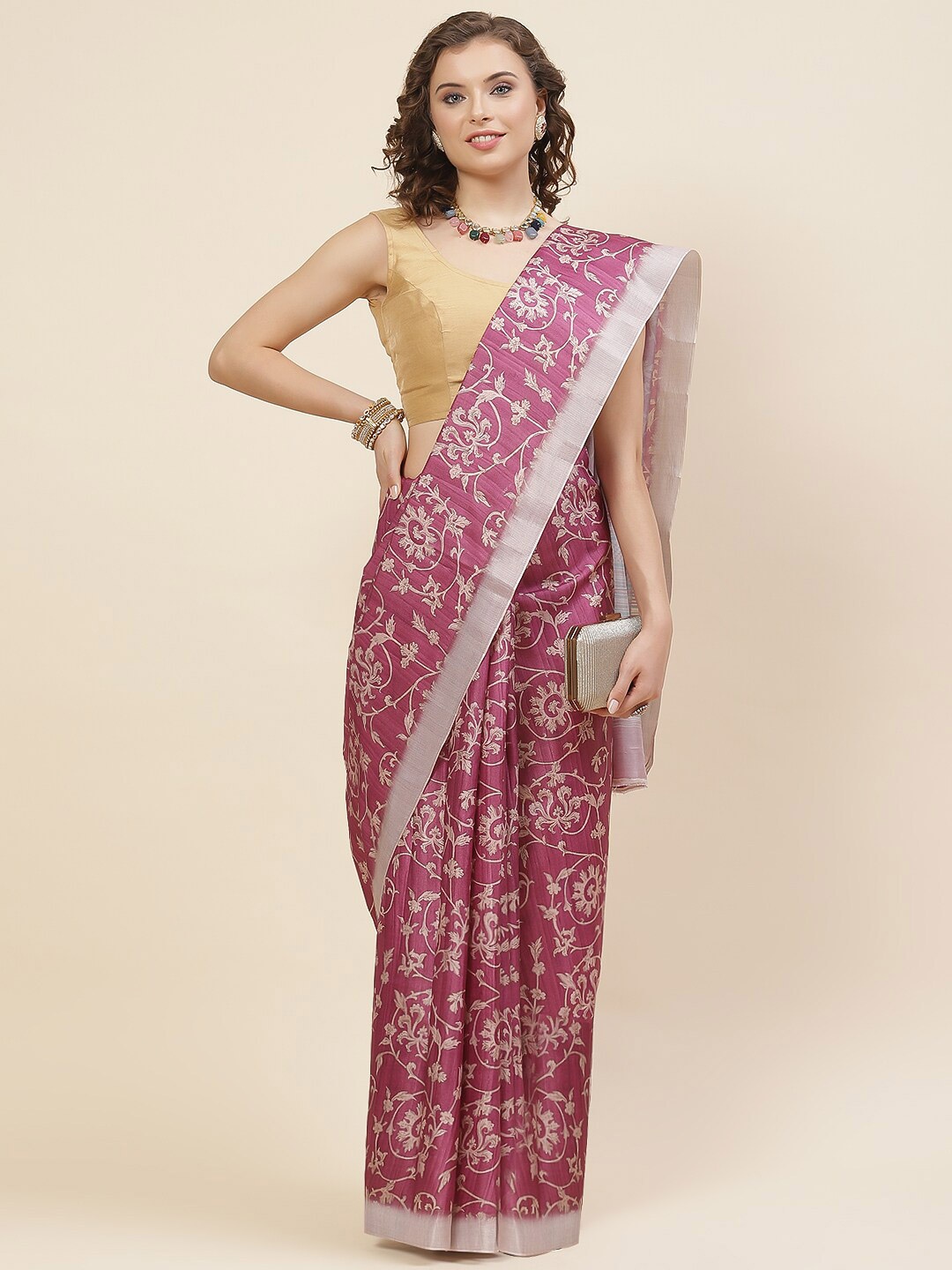 

Meena Bazaar Ethnic Motifs Printed Zari Tussar Saree, Pink