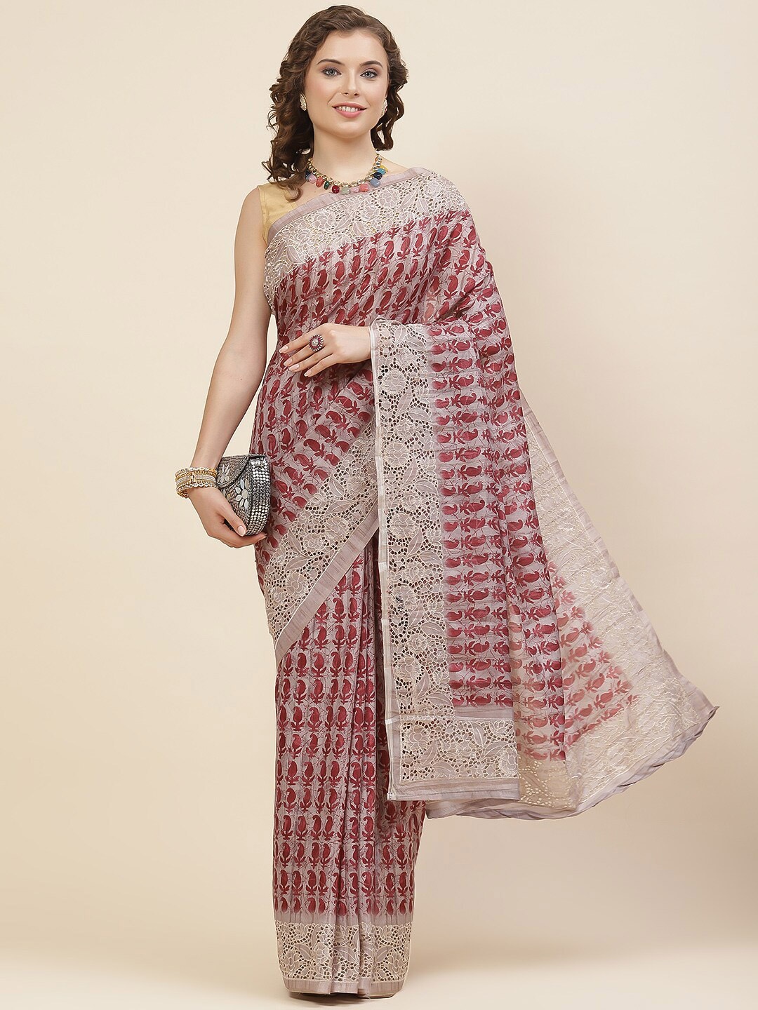 

Meena Bazaar Paisley Woven Design Tussar Saree, Maroon