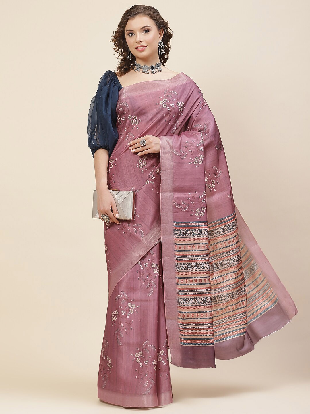 

Meena Bazaar Floral Printed Zari Tussar Saree, Purple