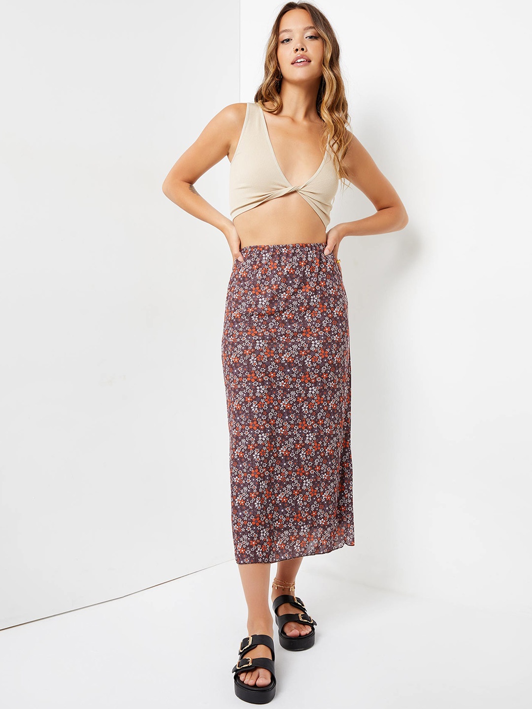 

Ardene Floral Printed Knee Length A-Line Skirt, Grey