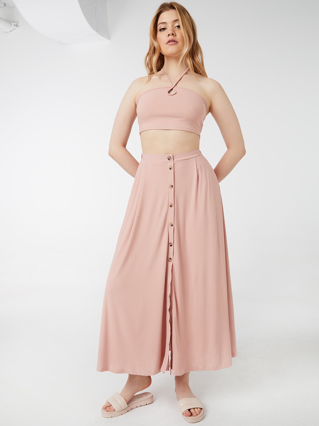 

Ardene Maxi Length Gathered Detail Flared A-Line Button Skirt, Pink