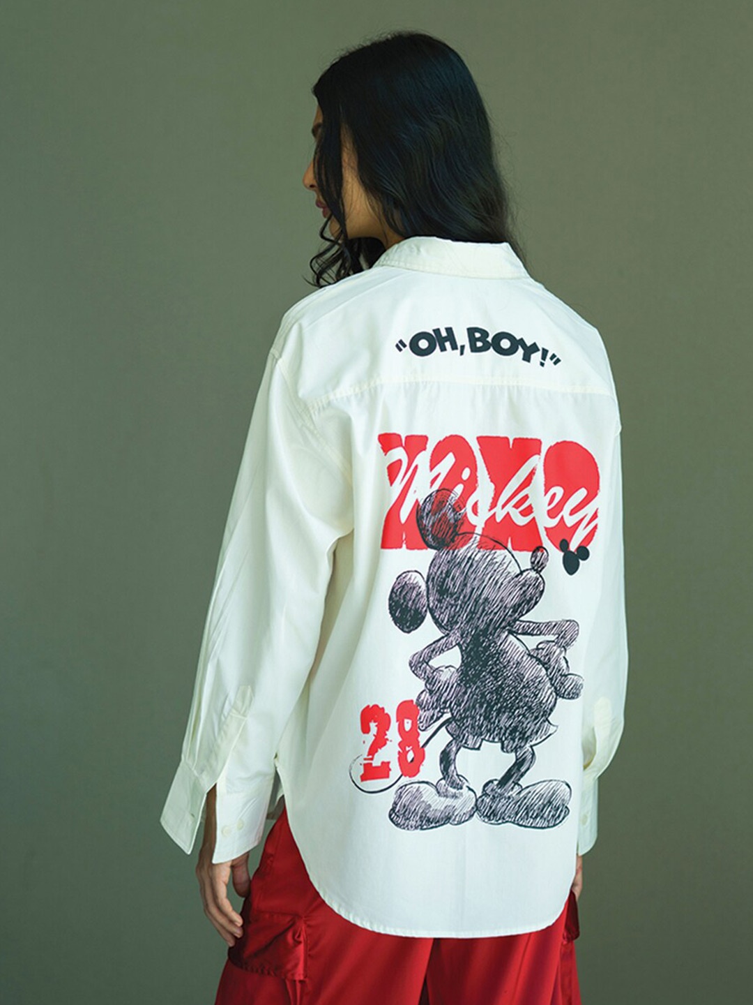 Bonkers Corner Mickey Mouse Printed Cotton Oversized Casual Shirt, Cream
