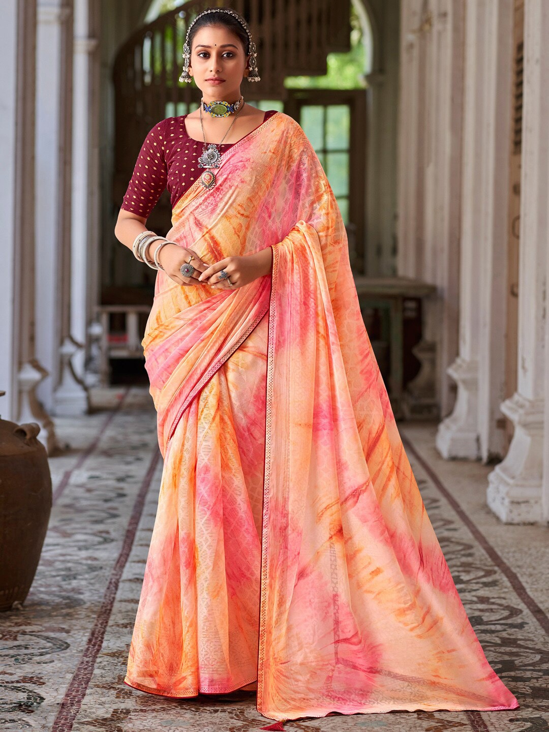 

Saree mall Abstract Printed Beads and Stones Chanderi Sarees, Peach