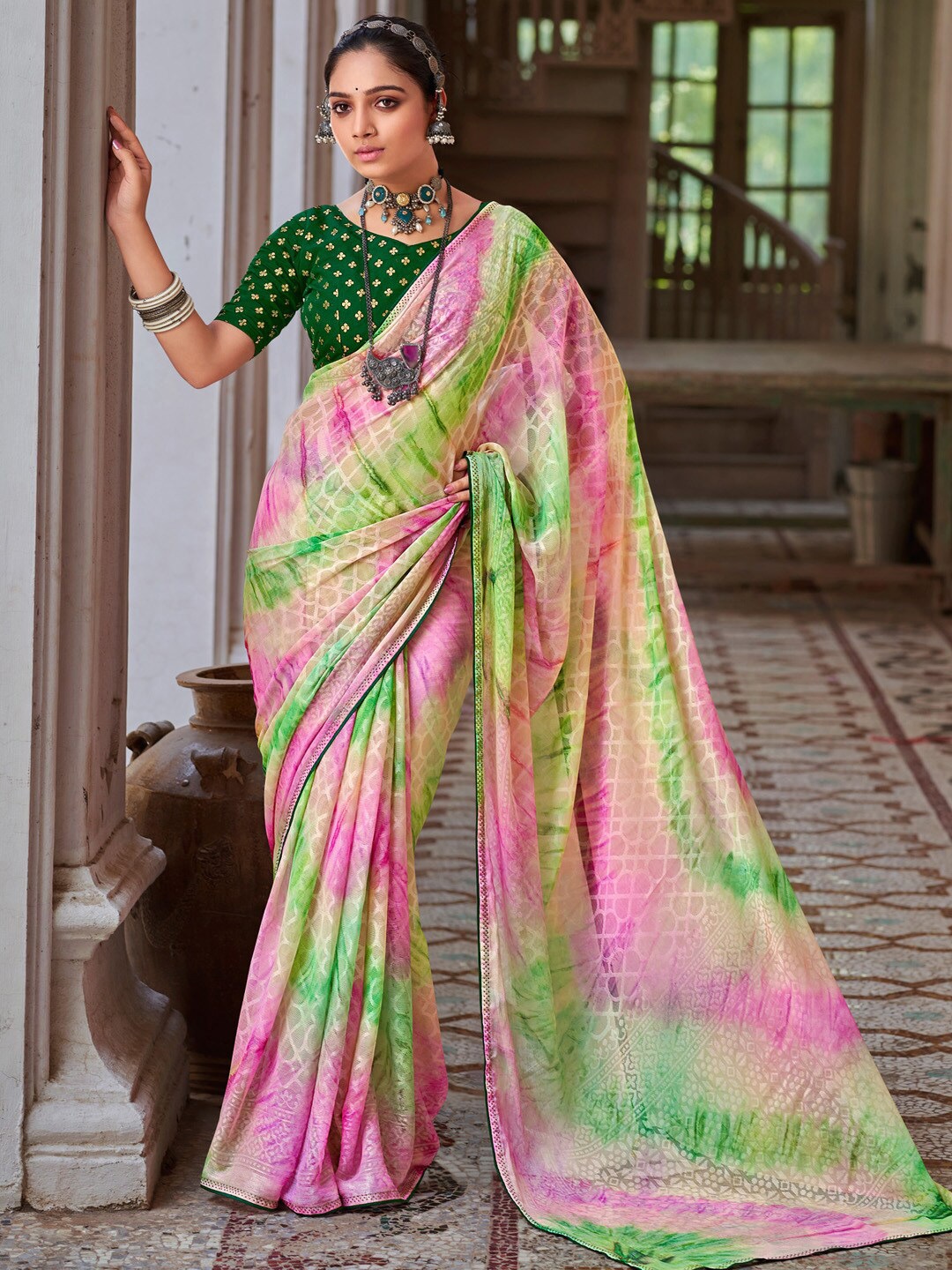 

Saree mall Tie and Dye Beads and Stones Chanderi Sarees, Pink