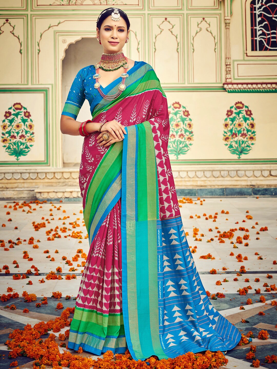 

Saree mall Floral Printed Zari Ikat Sarees, Pink