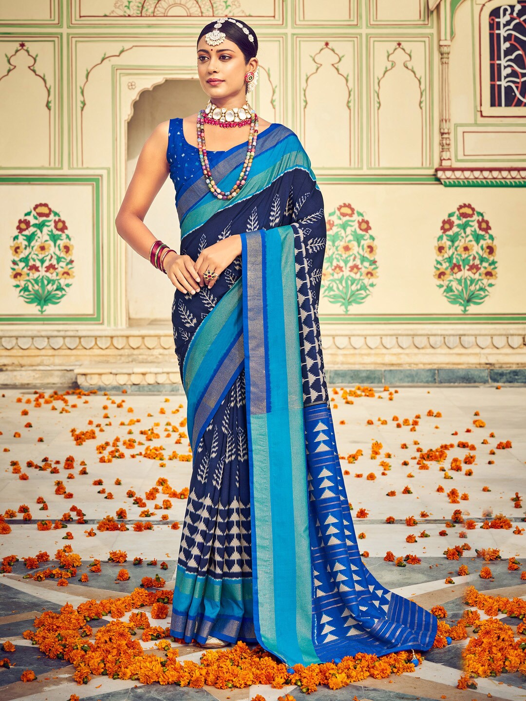 

Saree mall Floral Printed Zari Ikat Saree, Navy blue