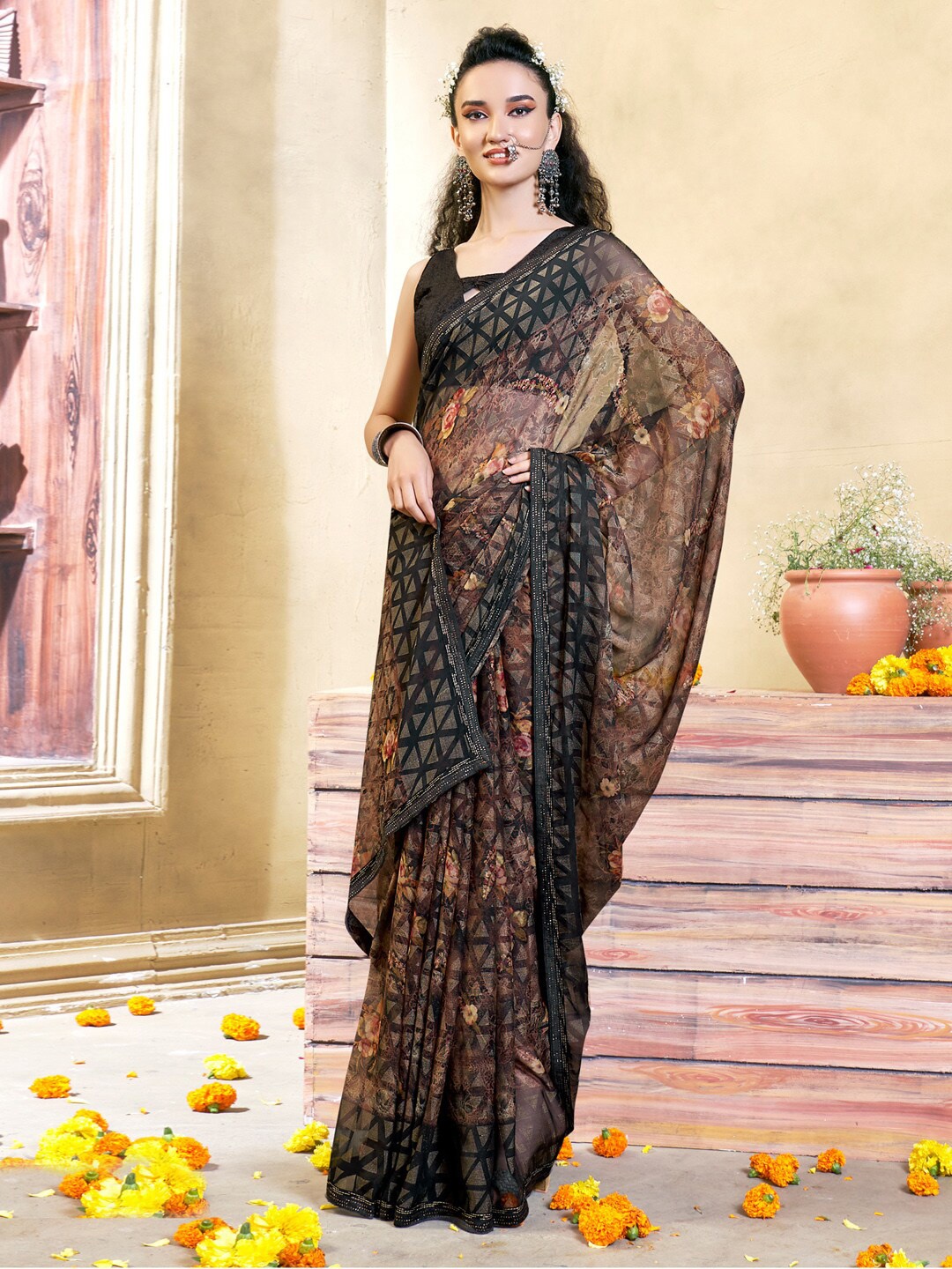 

Saree mall Floral Printed Beads & Stones Brasso Saree, Black