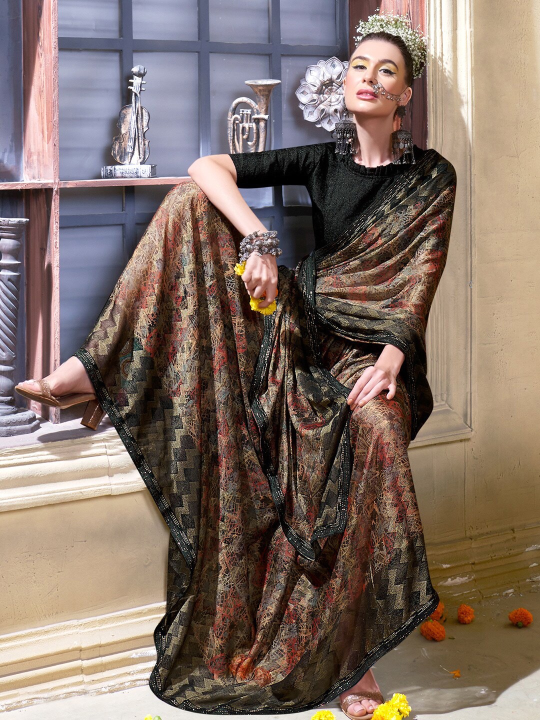 

Saree mall Black & Pink Ethnic Motifs Printed Beads and Stones Saree
