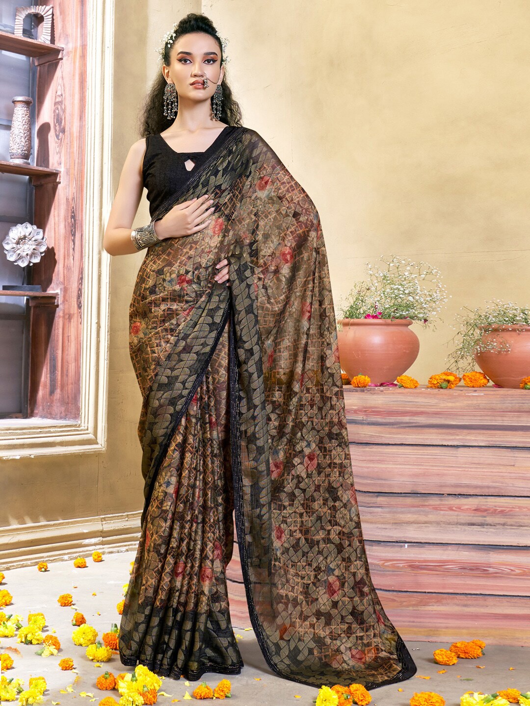 

Saree mall Ethnic Motifs Printed Beads and Stones Brasso Sarees, Brown