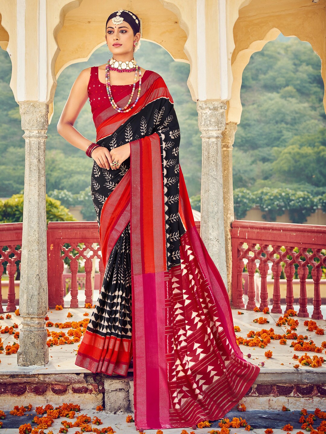 

Saree mall Ethnic Motifs Printed Zari Ikat Sarees, Black