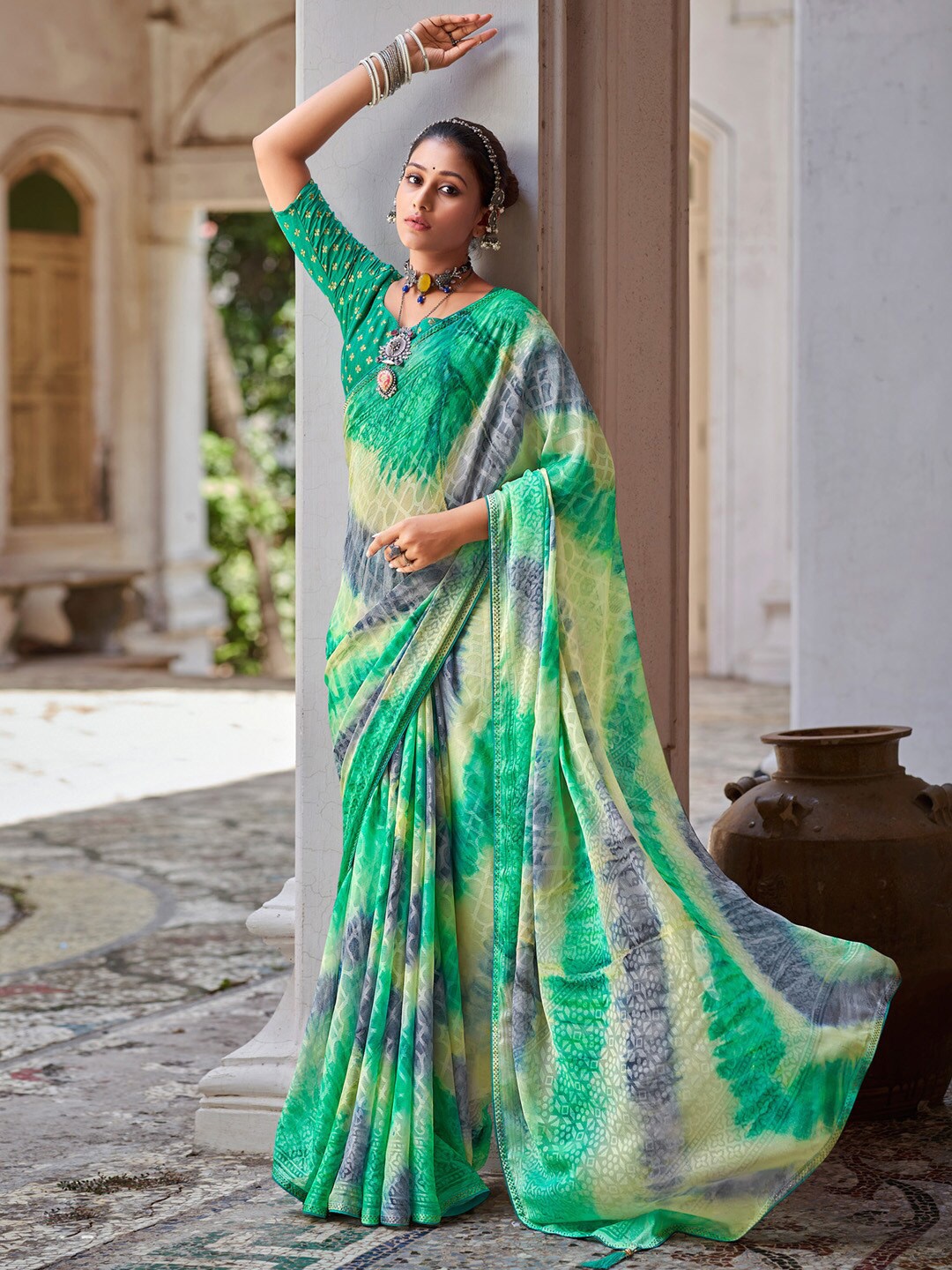 

Saree mall Ethnic Motifs Printed Beads and Stones Chanderi Sarees, Sea green