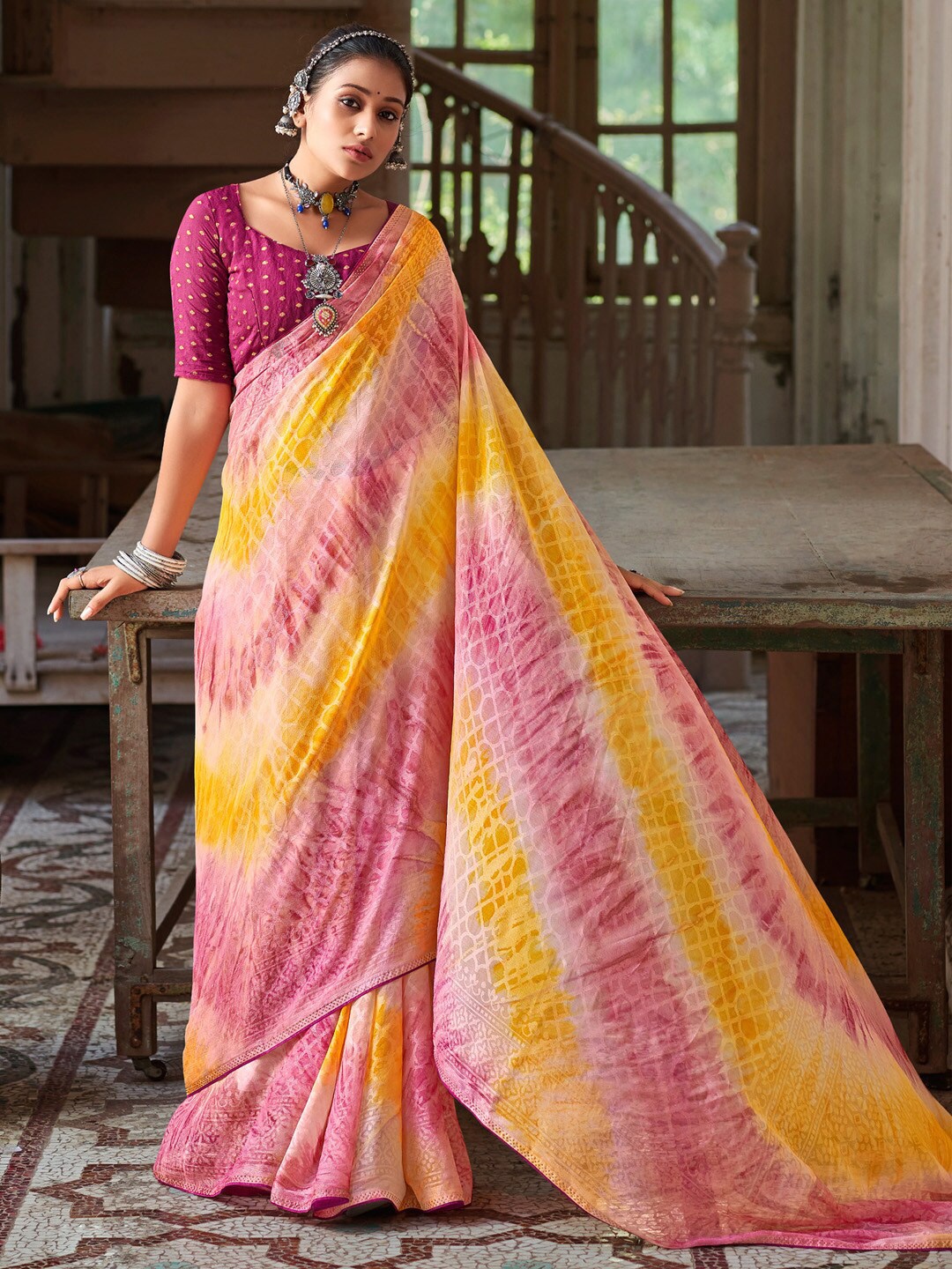 

Saree mall Tie and Dye Beads and Stones Chanderi Sarees, Magenta