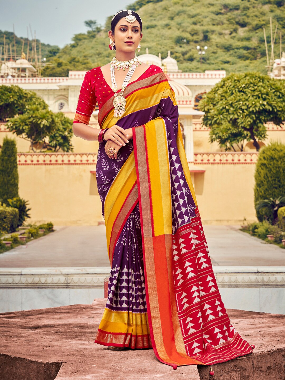 

Saree mall Ethnic Motifs Printed Zari Ikat Sarees, Purple