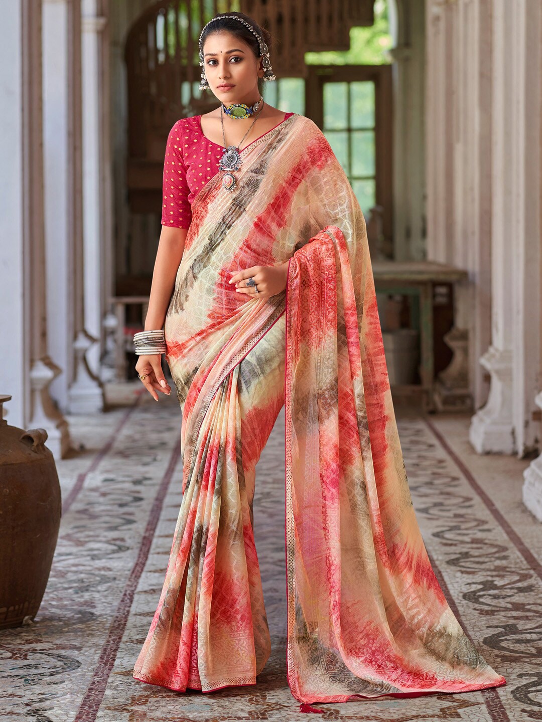 

Saree mall Ethnic Motifs Printed Beads and Stones Chanderi Sarees, Cream
