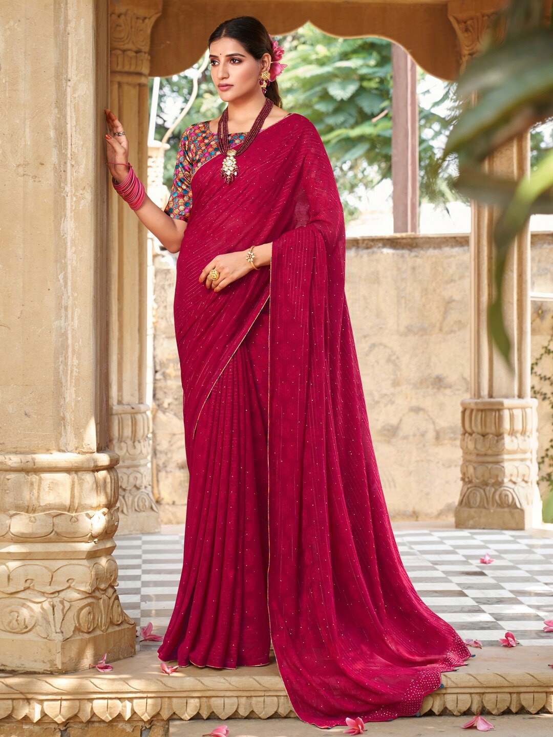 

Saree mall Pink & Blue Embellished Beads and Stones Pure Georgette Sarees