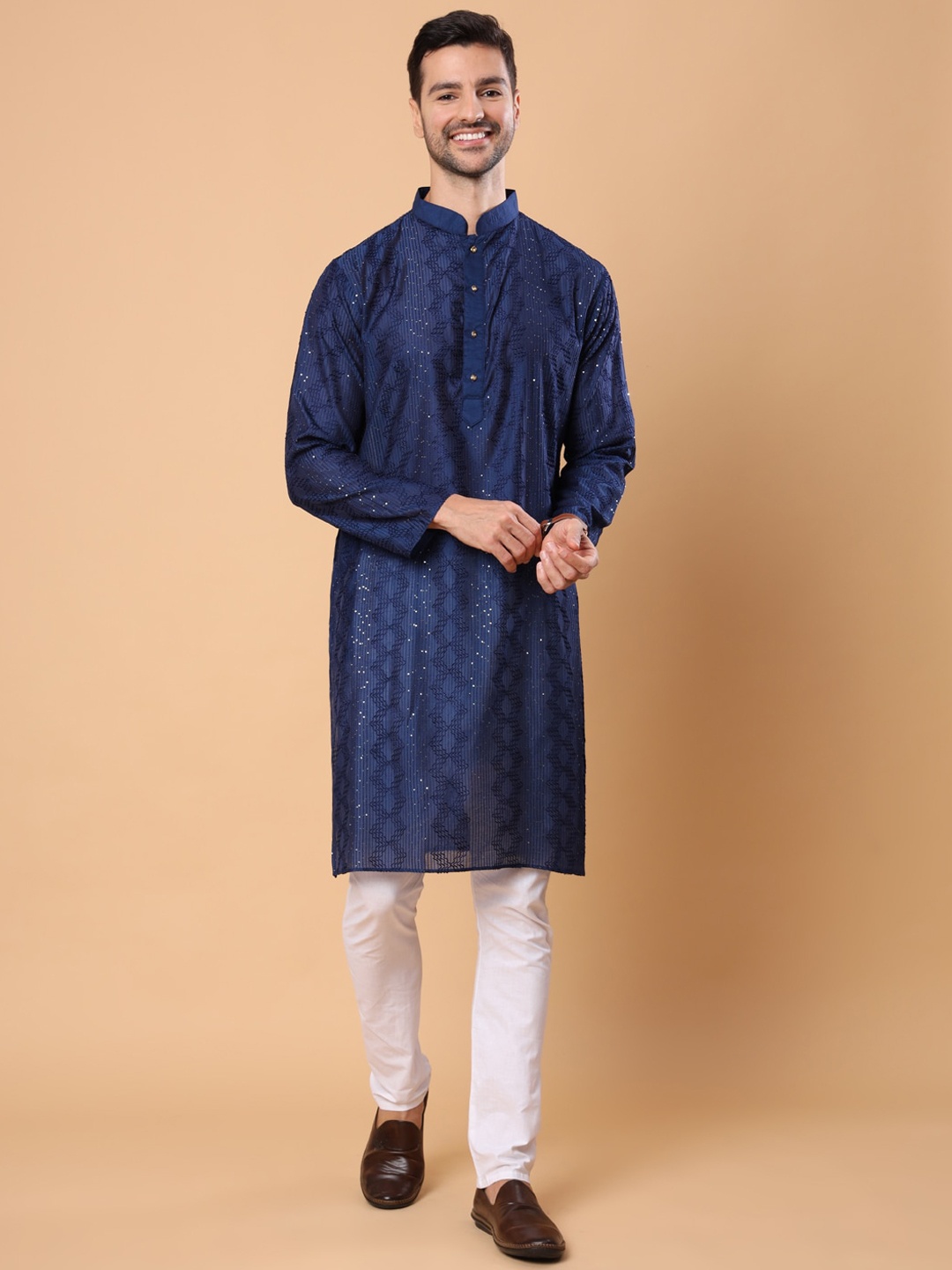 

SWAGG INDIA Striped Mandarin Collar Thread Work Sequined Liva Straight Kurta, Navy blue