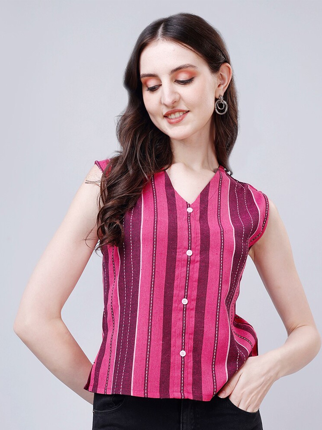 

Kinjo Vertical Stripes V-Neck Cotton Regular Top, Pink