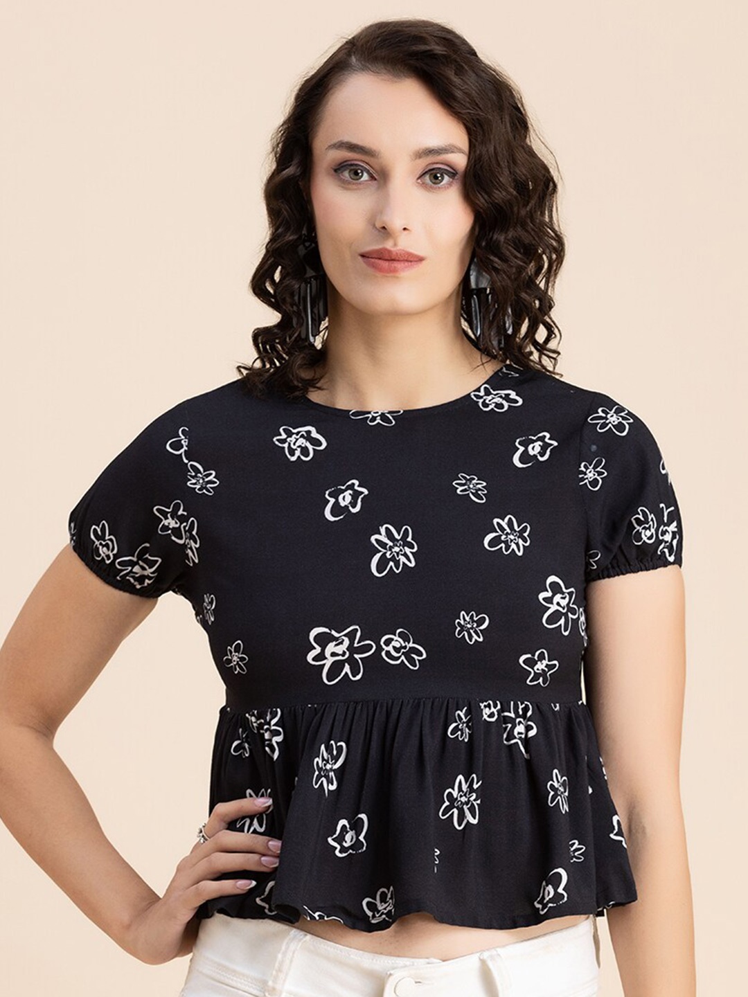 

Moomaya Floral Printed Gathered Peplum Crop Top, Black