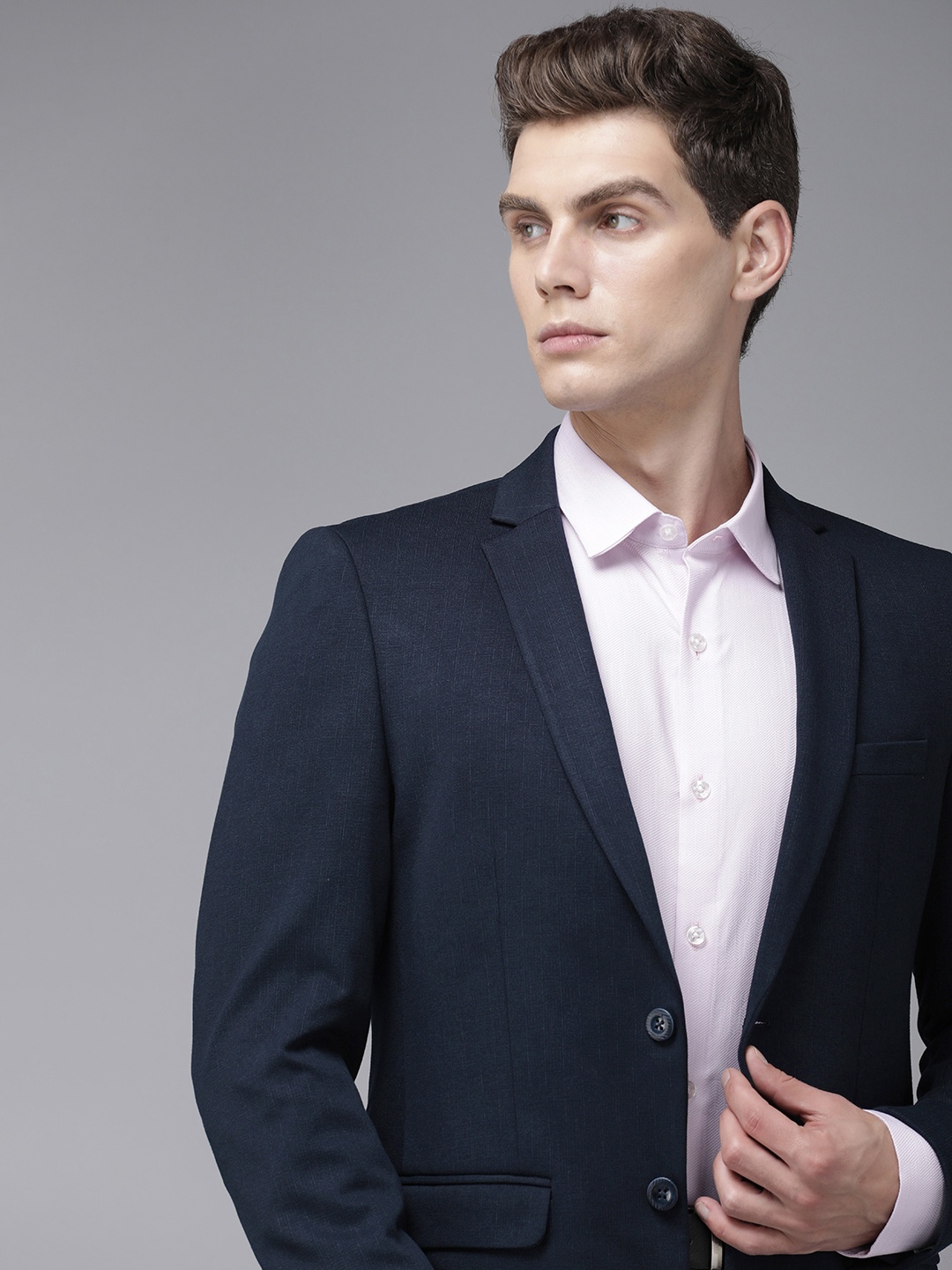 

V Dot Checked Single-Breasted Slim-Fit Formal Blazer, Navy blue