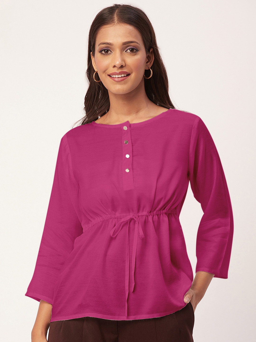 

Moomaya Round Neck Cinched Waist Top, Magenta
