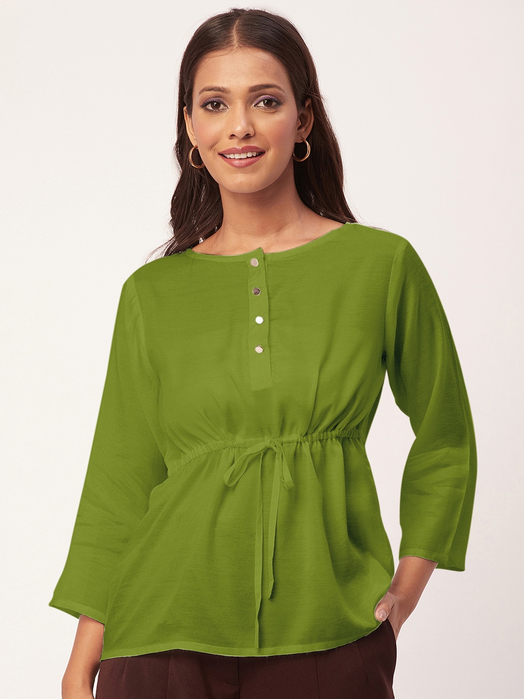 

Moomaya Round Neck Cinched Waist Top, Olive