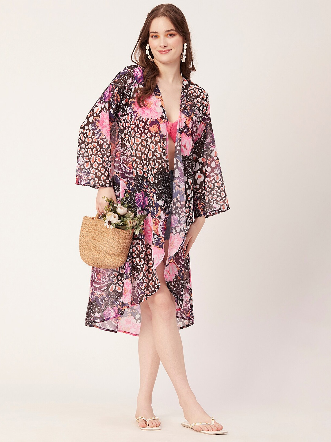 

Moomaya Floral Printed Longline Swimwear Cover up Shrug, Black