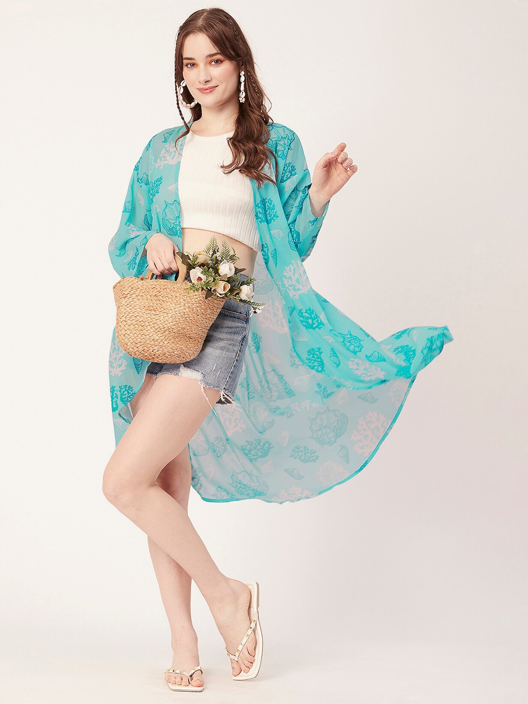 

Moomaya Printed Midi Swimwear Cover-Up Shrug, Turquoise blue