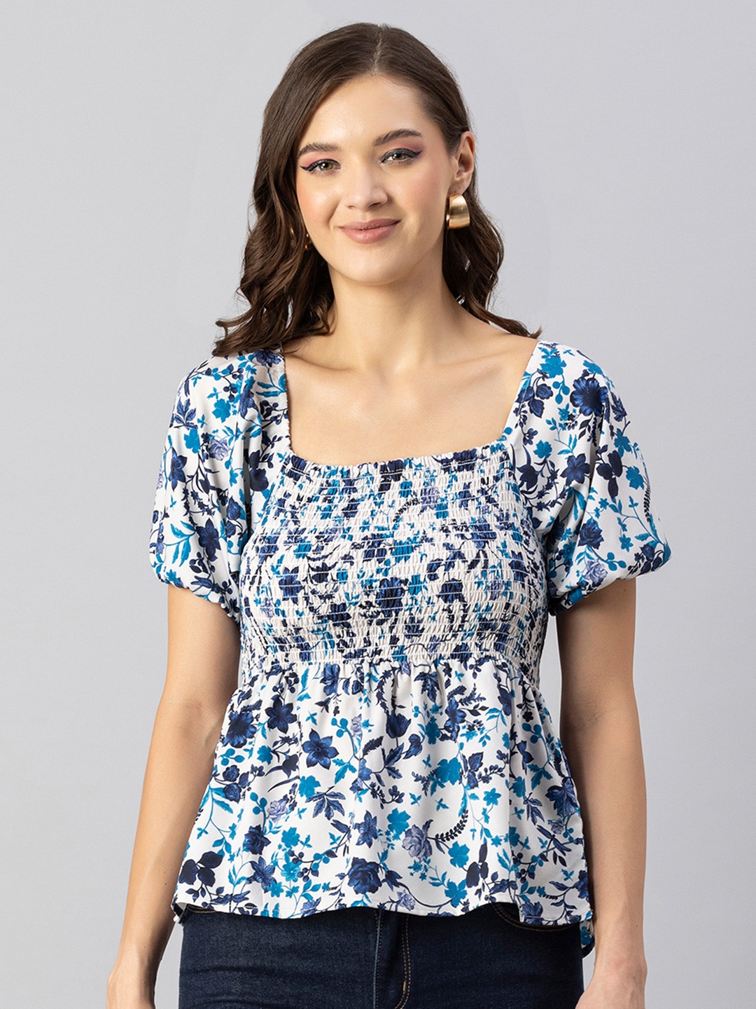 

Moomaya Floral Printed Smocked Peplum Top, Blue