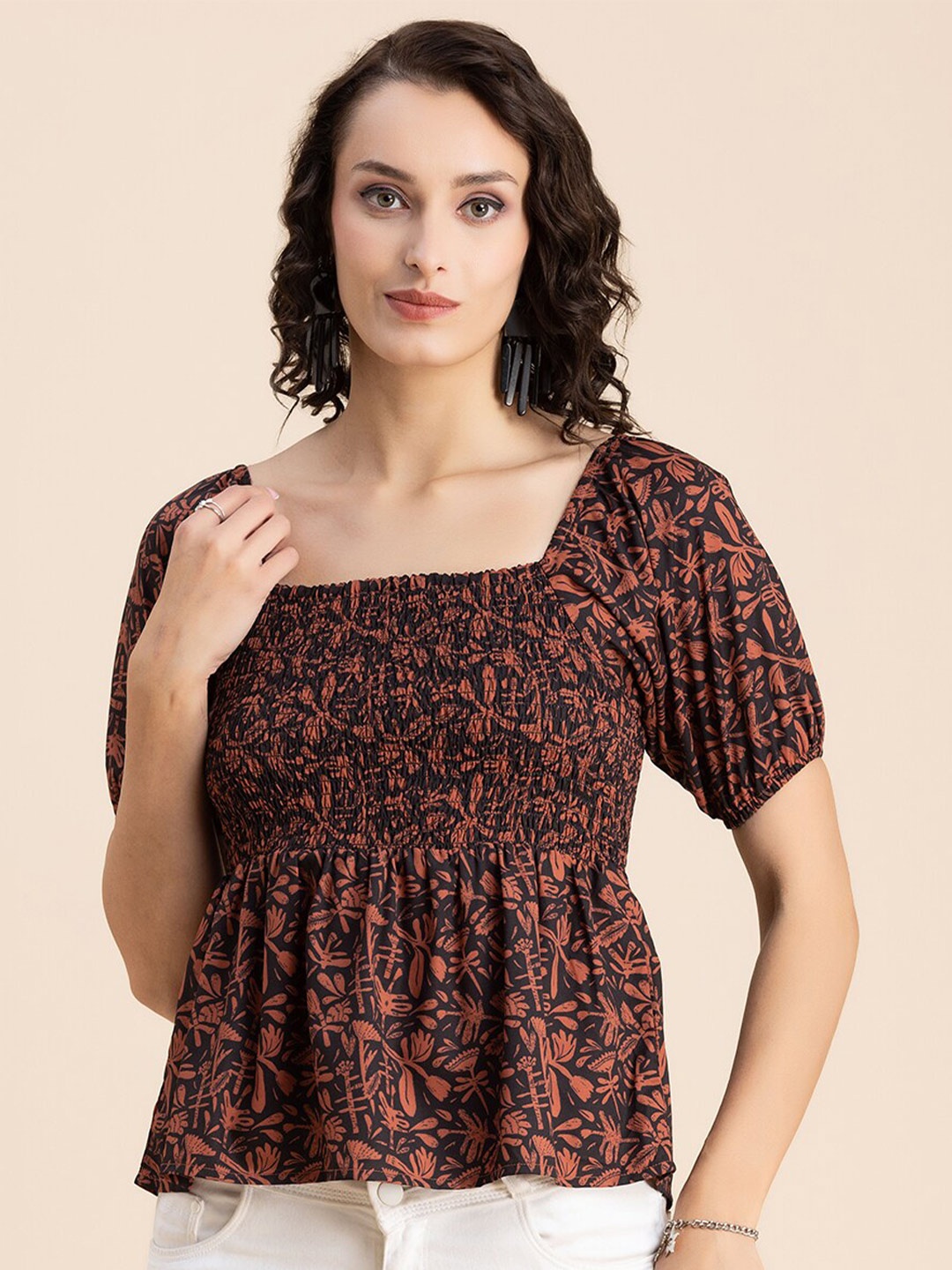 

Moomaya Floral Printed Square Neck Puff Sleeves Smocked Empire Top, Rust