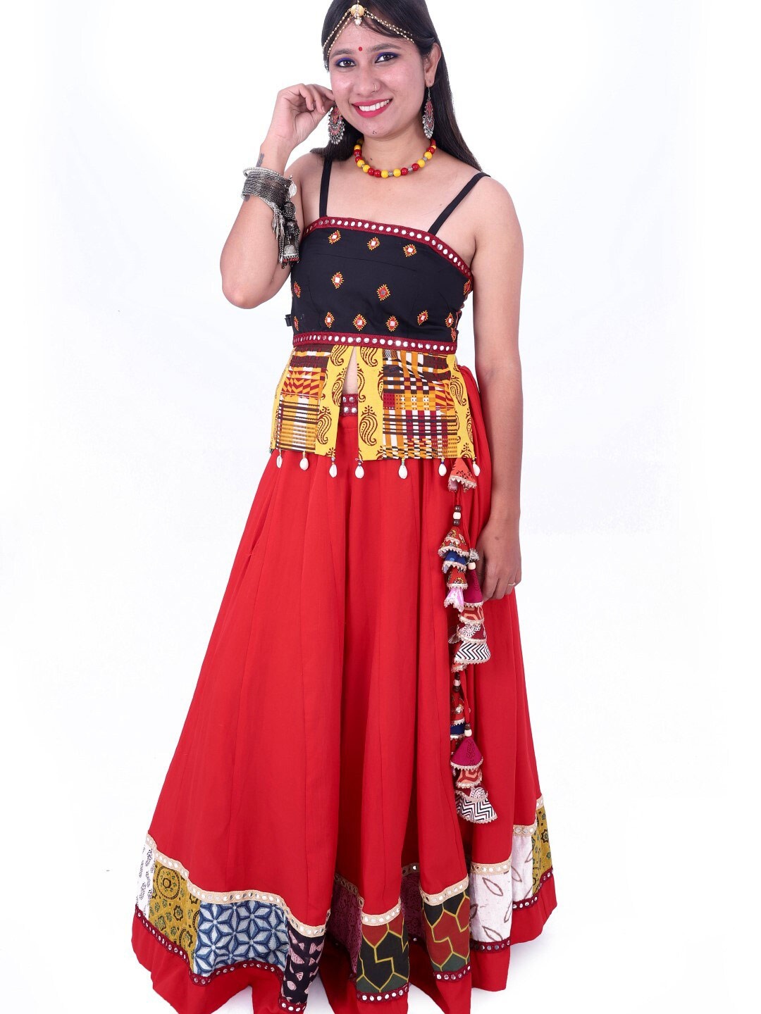 

WEAVERS SAGA Embellished Mirror Work Ready to Wear Lehenga Choli, Red