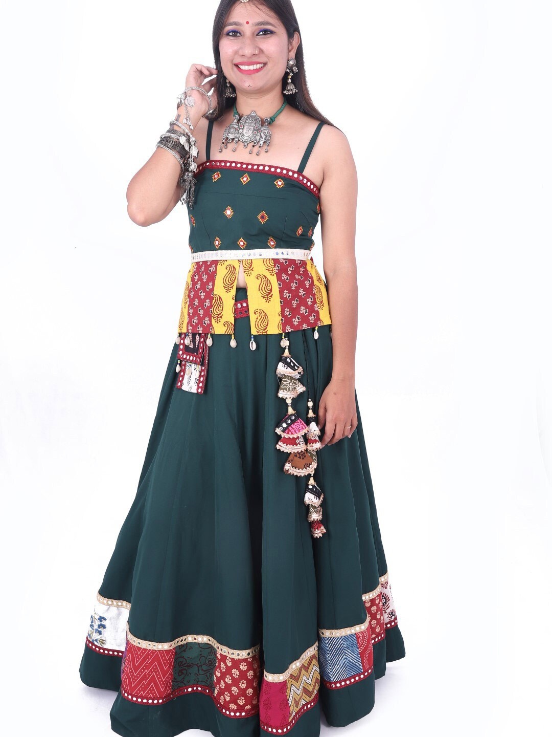 

WEAVERS SAGA Embellished Mirror Work Ready To Wear Lehenga Choli, Green