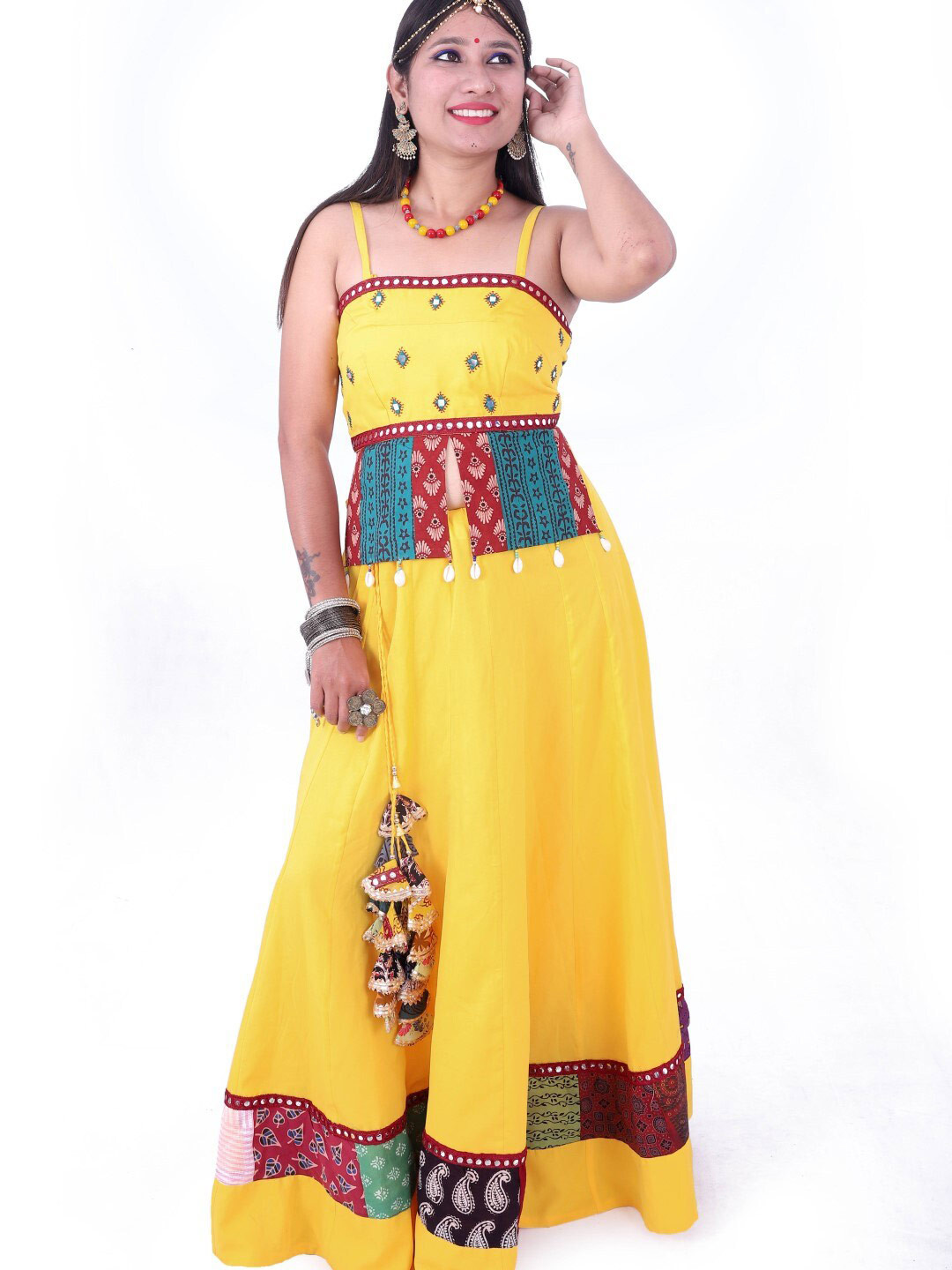 

WEAVERS SAGA Embellished Mirror Work Ready To Wear Lehenga Choli, Yellow