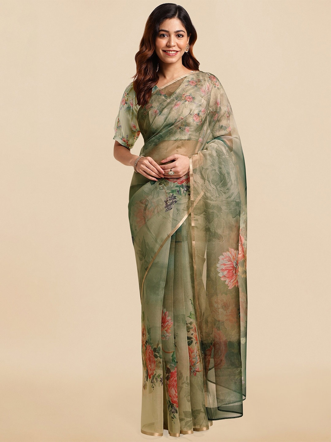 

MIRCHI FASHION Olive Green & Peach-Coloured Floral Printed Zari Organza Saree