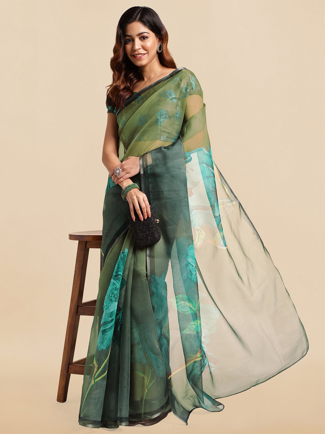 

MIRCHI FASHION Floral Printed Zari Organza Saree, Olive