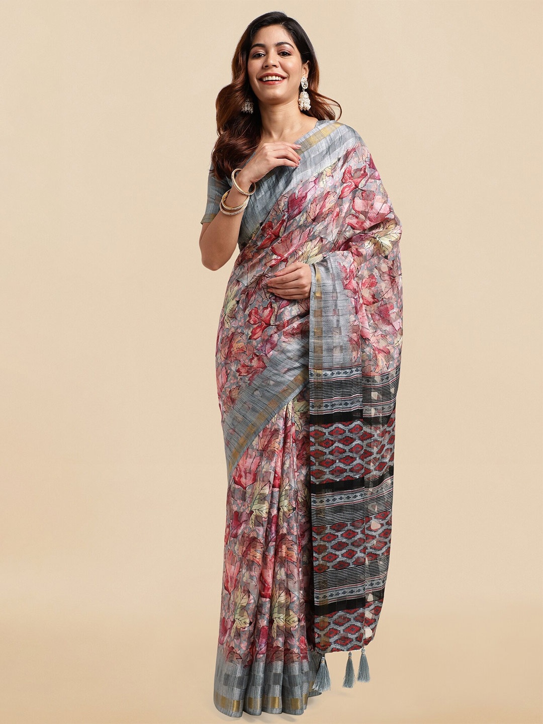 

KALINI Floral Printed Zari Saree, Grey
