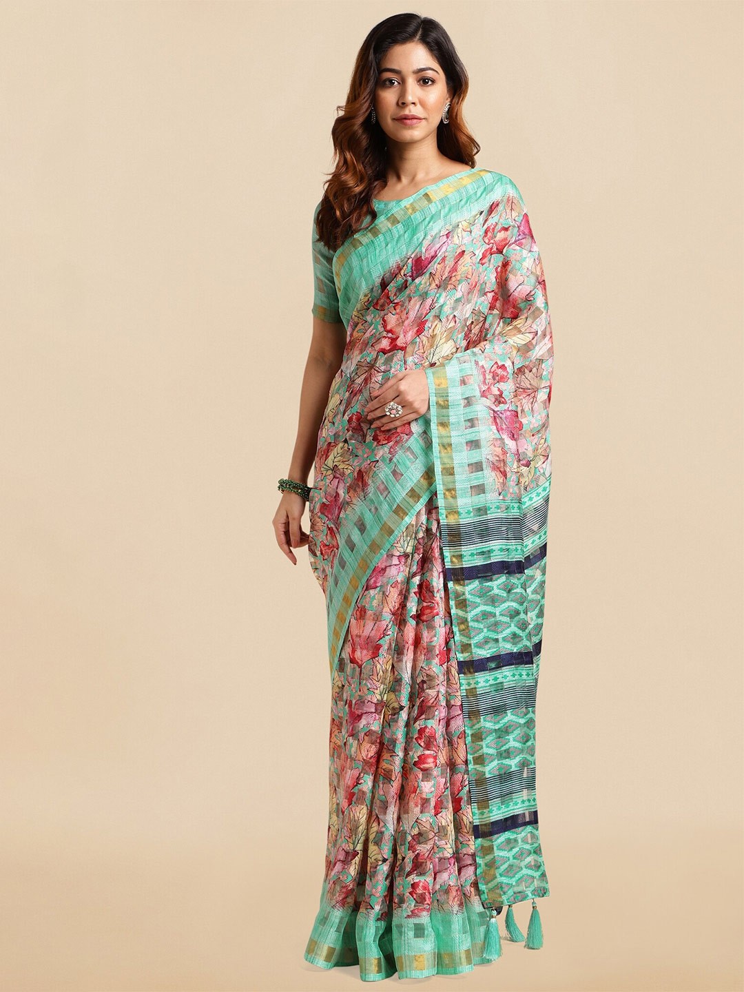 

KALINI Floral Printed Zari Saree, Teal